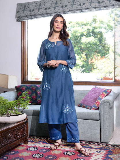 Teal blue mul chanderi  thread with sequence and bead work kurta