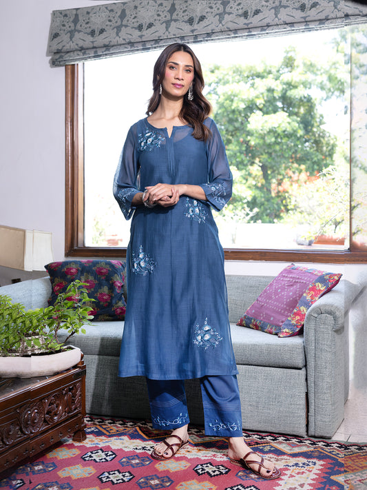 Teal blue mul chanderi  thread with sequence and bead work kurta