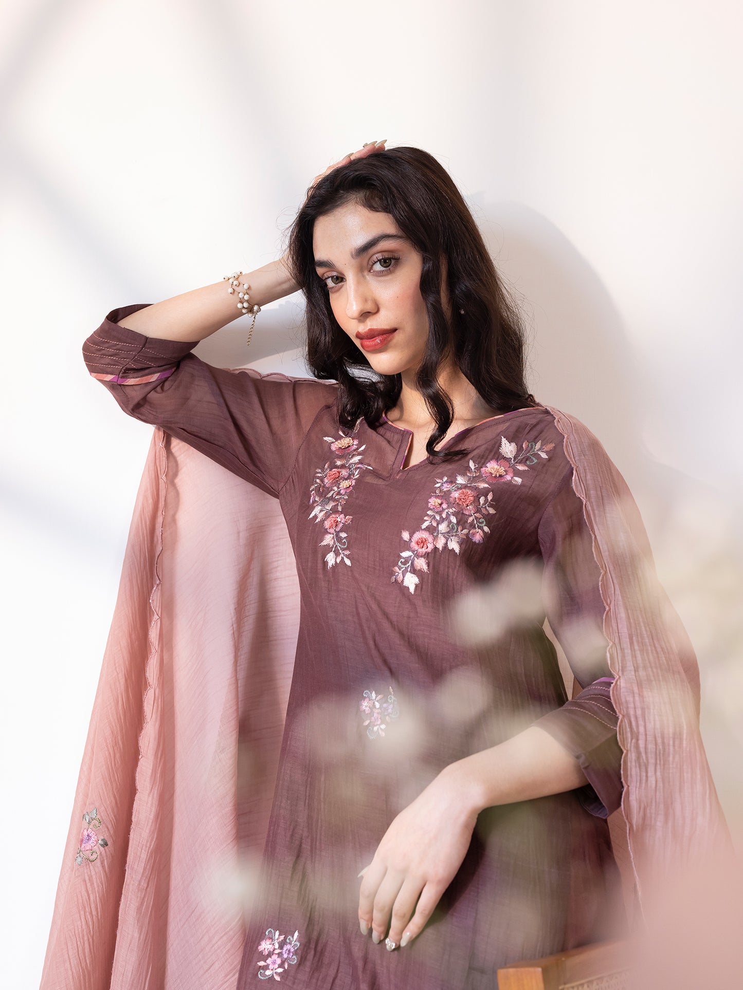 Brown mul chanderi thread work kurta set