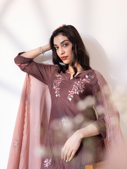 Brown mul chanderi thread work kurta set