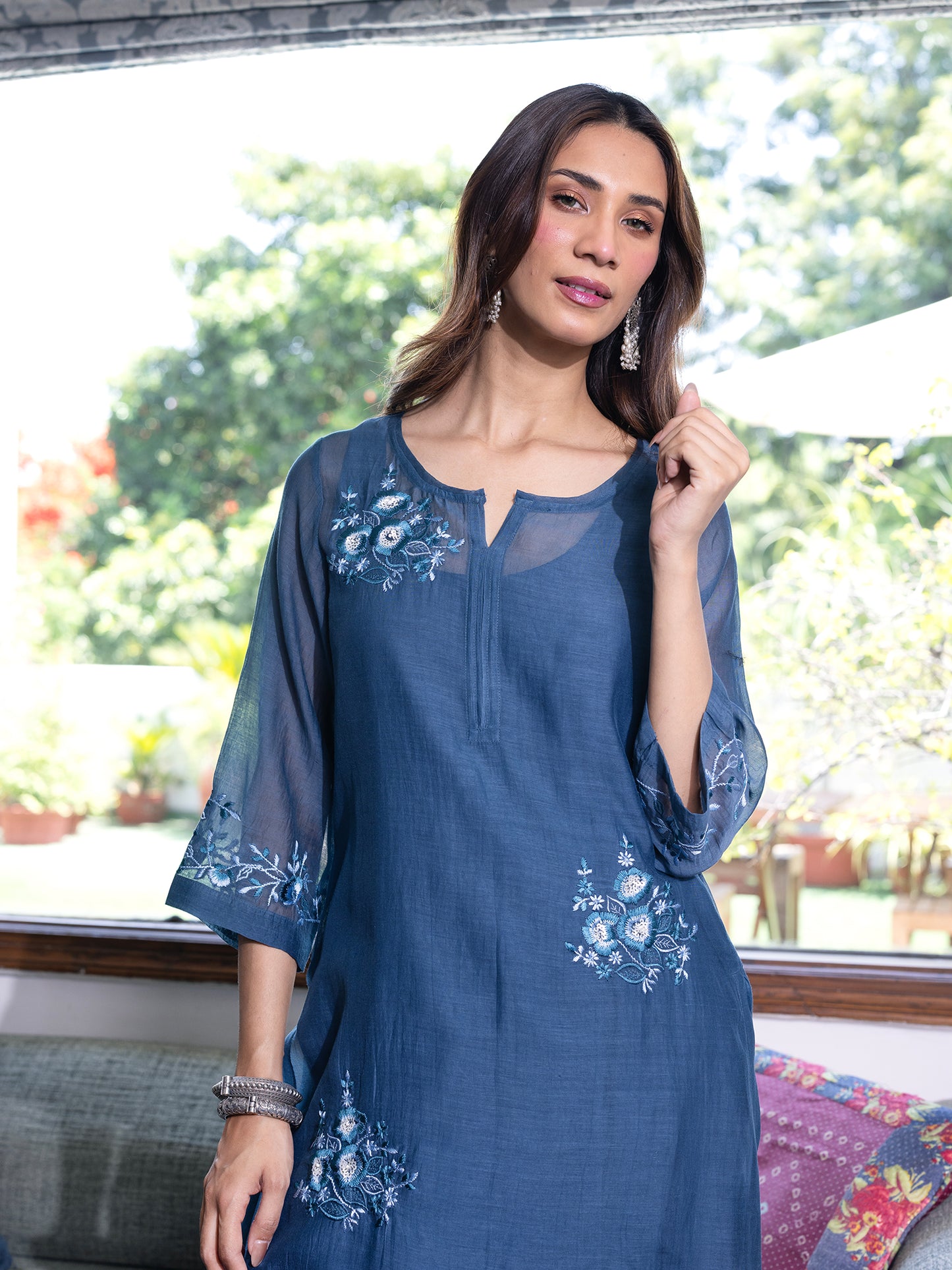 Teal blue mul chanderi  thread with sequence and bead work kurta