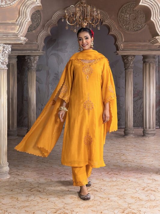 Yellow mul chanderi thread with mirror and sequence embroidery kurta set