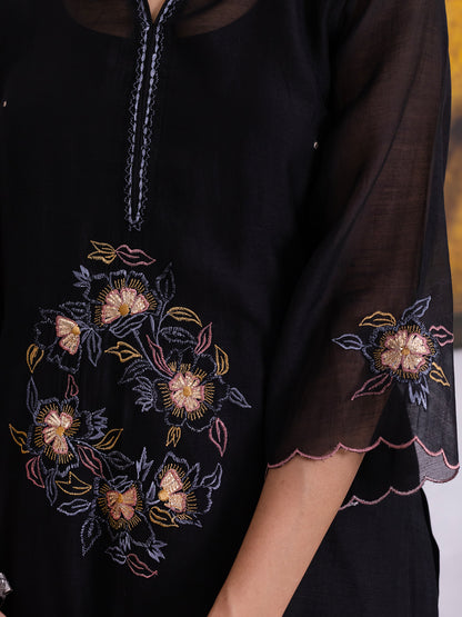 Black mul chanderi gota with thread embroidery kurta