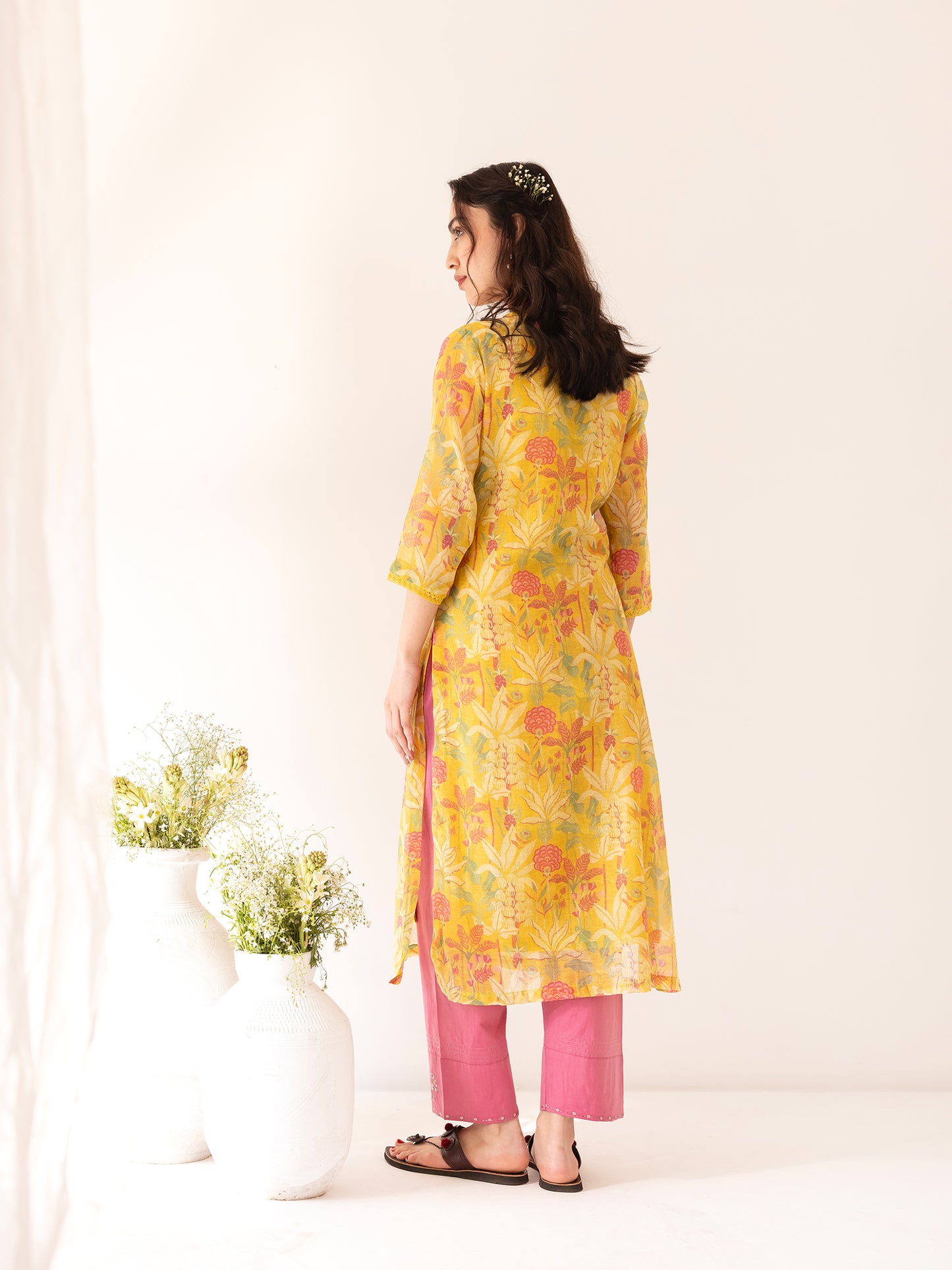 Yellow and pink floral printed mul chanderi beadwork kurta set