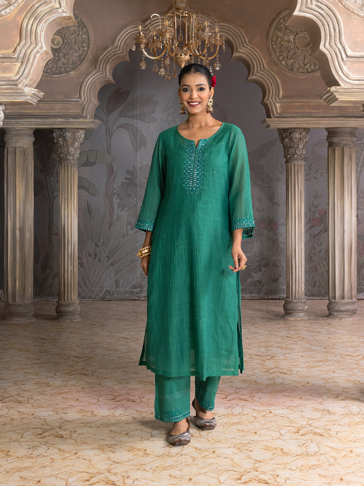 Bottle green mul chanderi thread with mirror and sequence embroidery kurta set