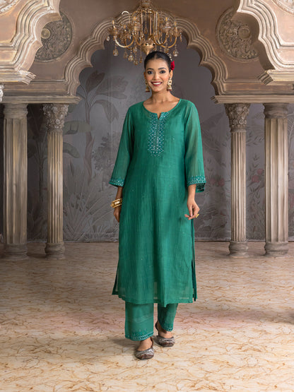 Bottle green mul chanderi thread with mirror and sequence embroidery kurta
