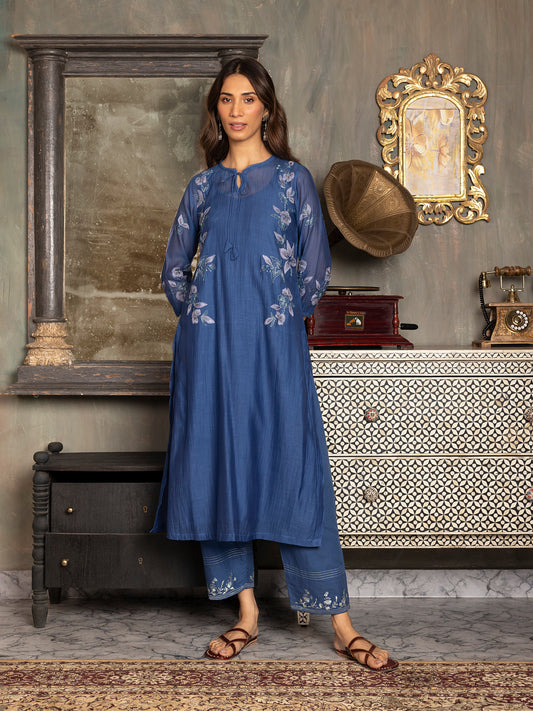 Navy blue mul chanderi  thread and fabric cutwork kurta