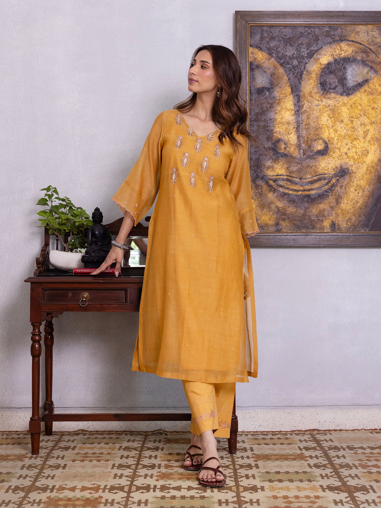 Mustard yellow mul chanderi gota with thread embroidery kurta set