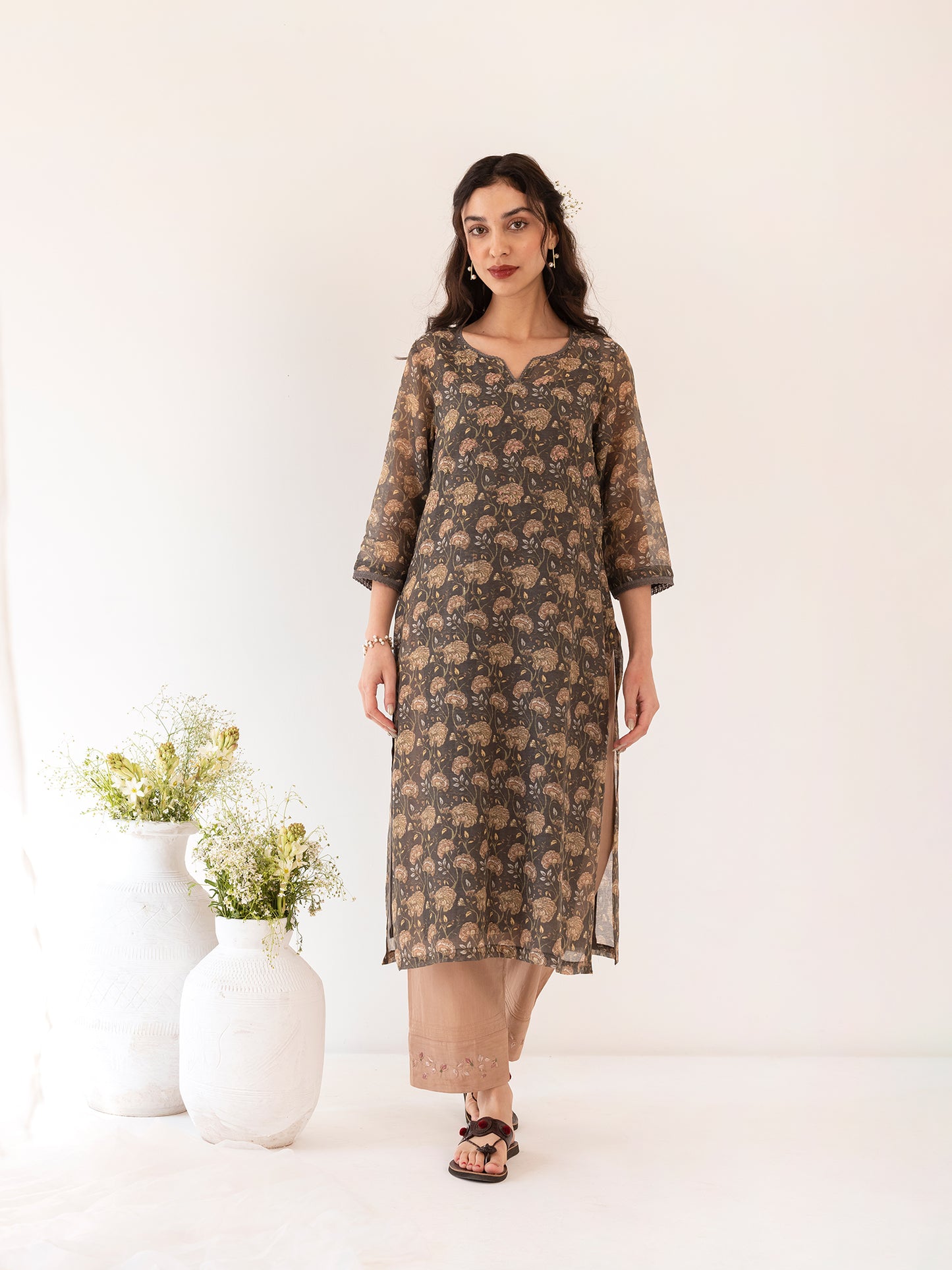 Charcoal floral printed mul chanderi beadwork kurta set