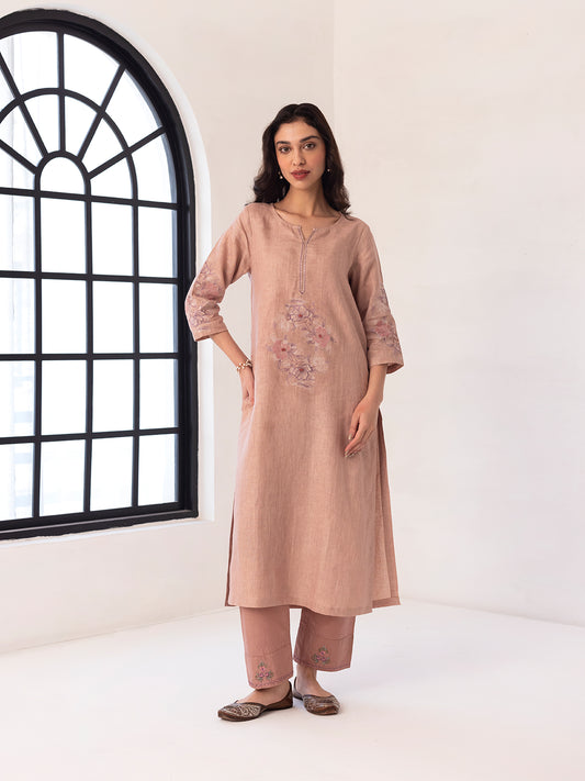 Old rose linen thread and fabric cutwork kurta