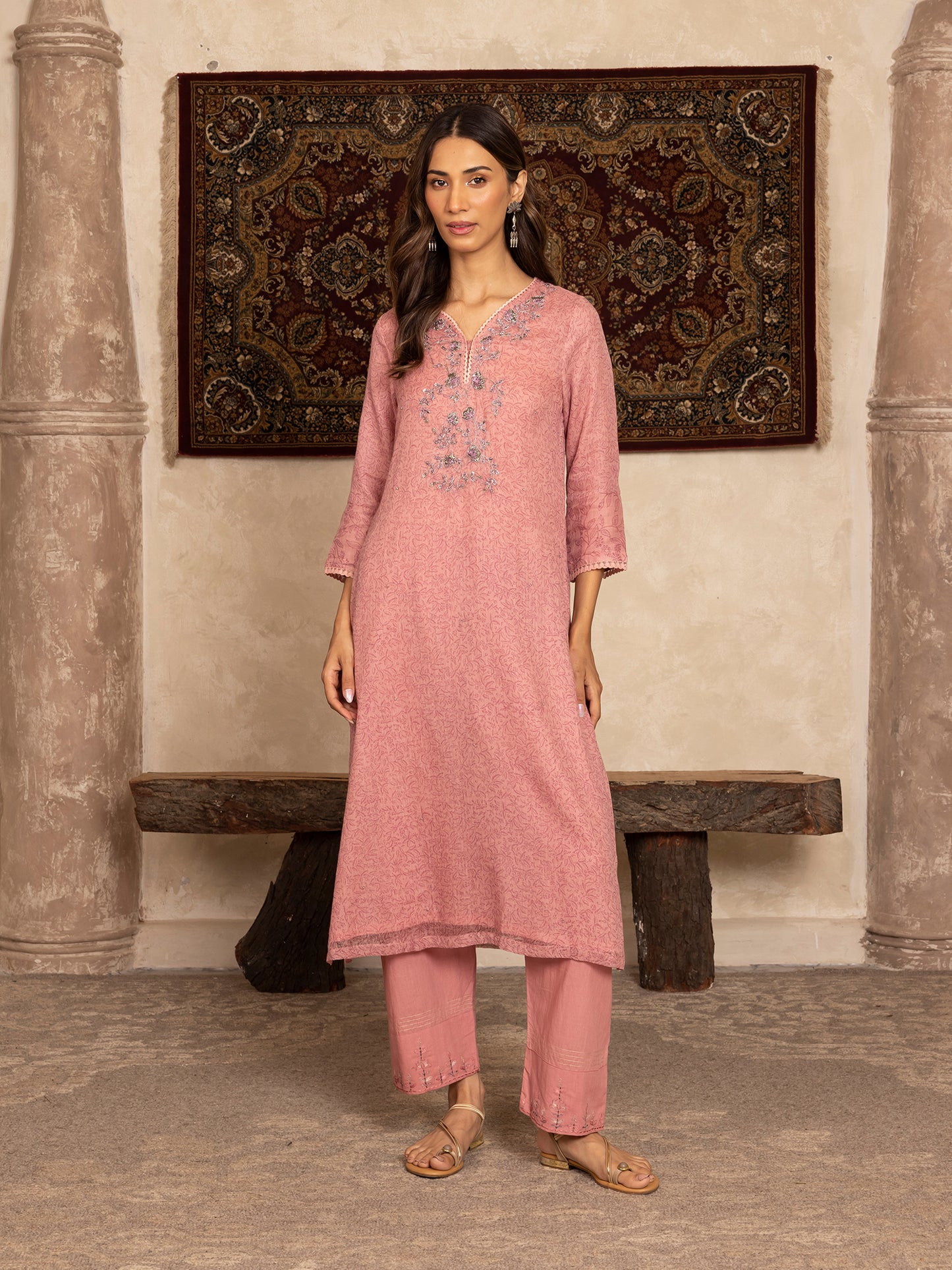 Pink hand block print kota cotton with zardozi hand embroidery kurta set