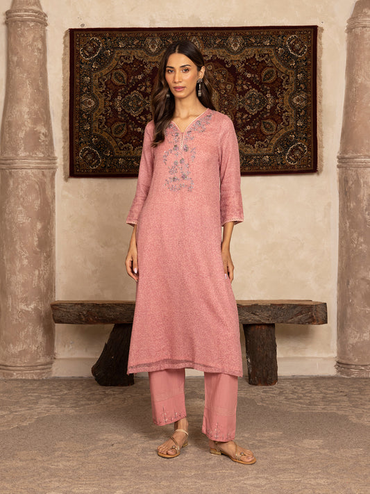 Pink hand block print kota cotton with zardozi hand embroidery kurta