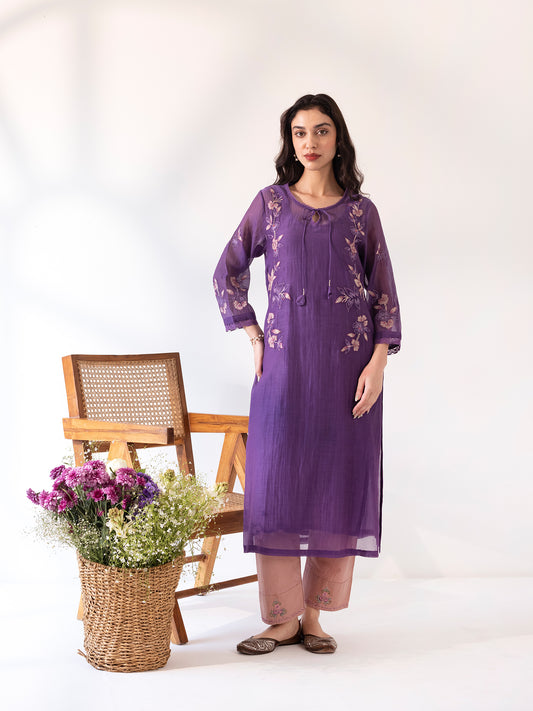 Purple mul chanderi  thread and fabric cutwork kurta