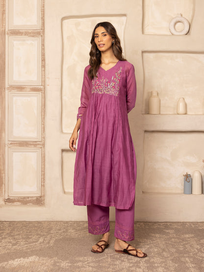 Purple mul chanderi thread with crochet hand embroidery kurta set