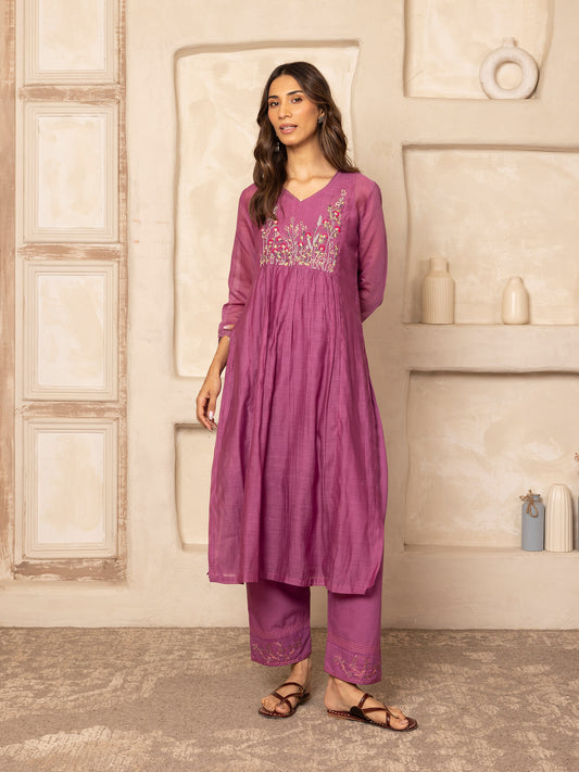 Purple mul chanderi thread with crochet hand embroidery kurta