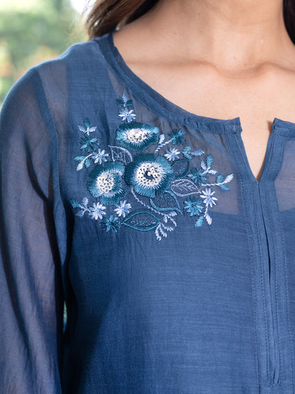 Teal blue mul chanderi  thread with sequence and bead work kurta