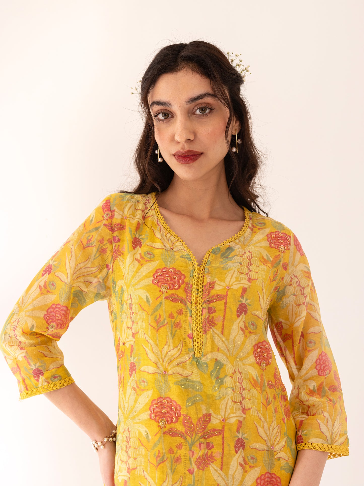 Yellow and pink floral printed mul chanderi beadwork kurta set