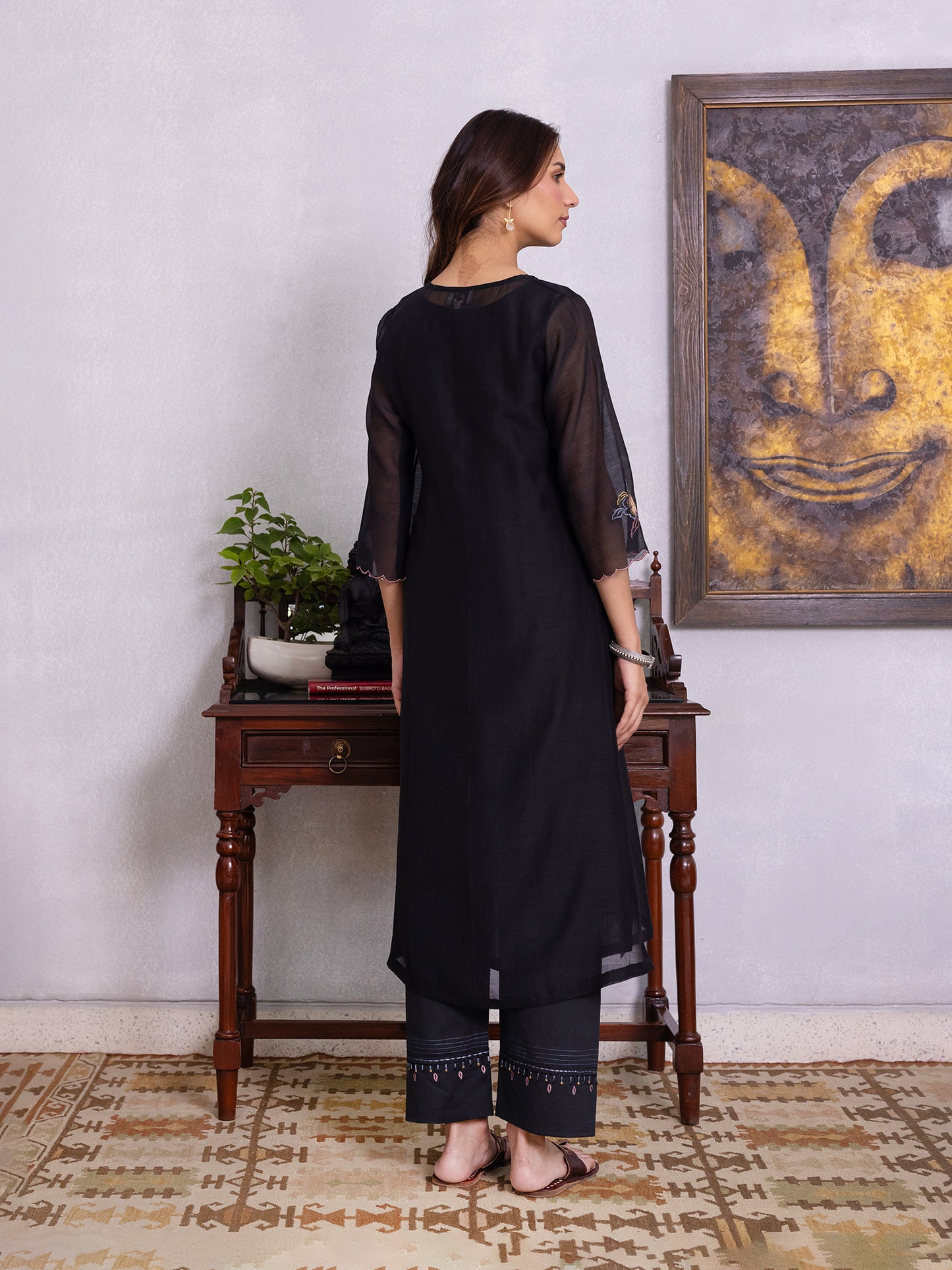 Black mul chanderi gota with thread embroidery kurta