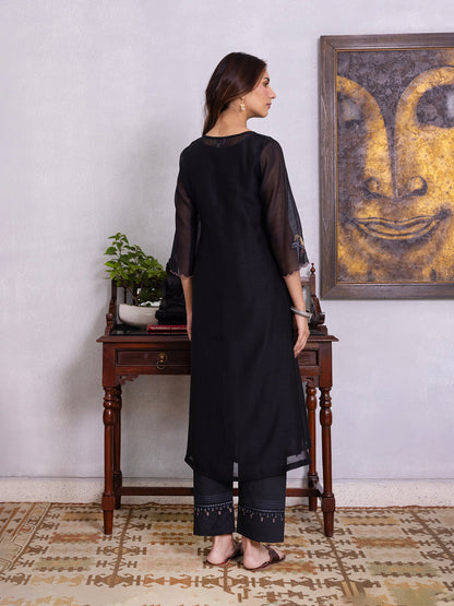 Black mul chanderi gota with thread embroidery kurta