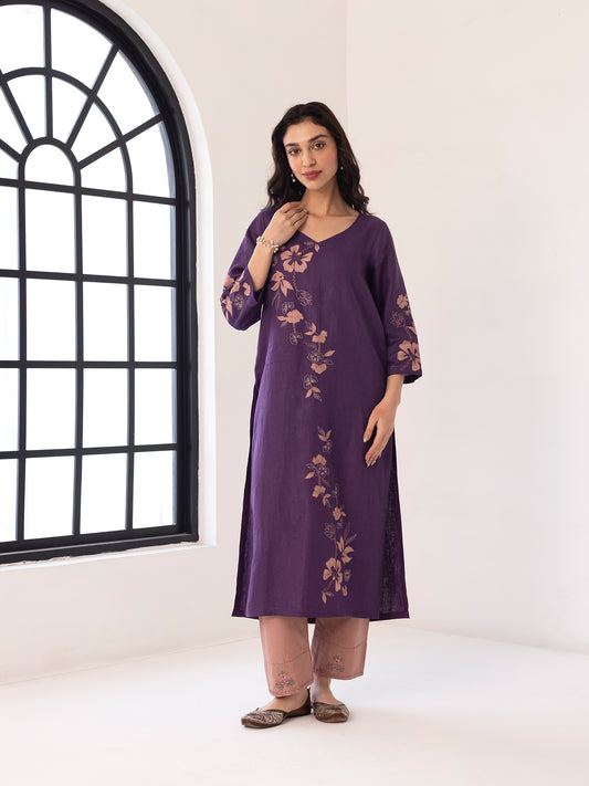 Purple linen thread and fabric cutwork kurta
