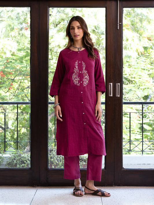 Wine cotton doriwork kurta