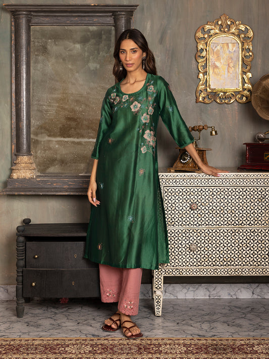 Bottle green silk chanderi thread and fabric cutwork work kurta