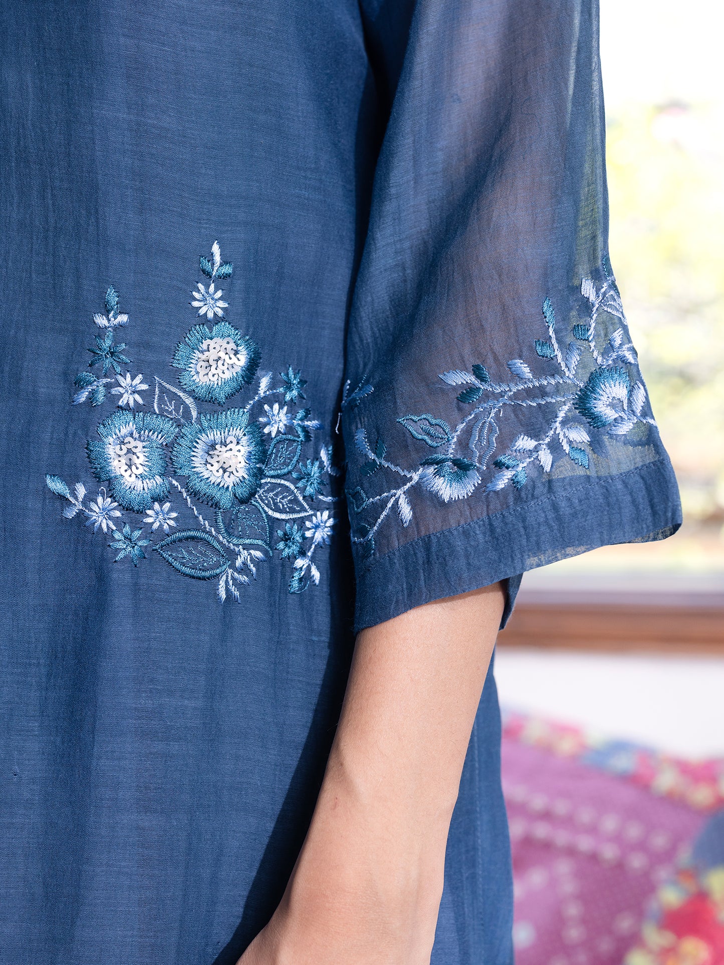 Teal blue mul chanderi  thread with sequence and bead work kurta