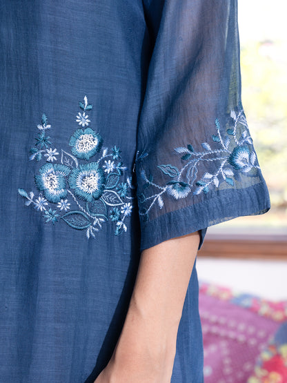 Teal blue mul chanderi  thread with sequence and bead work kurta