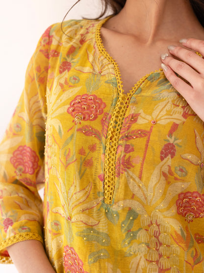 Yellow and pink floral printed mul chanderi beadwork kurta set