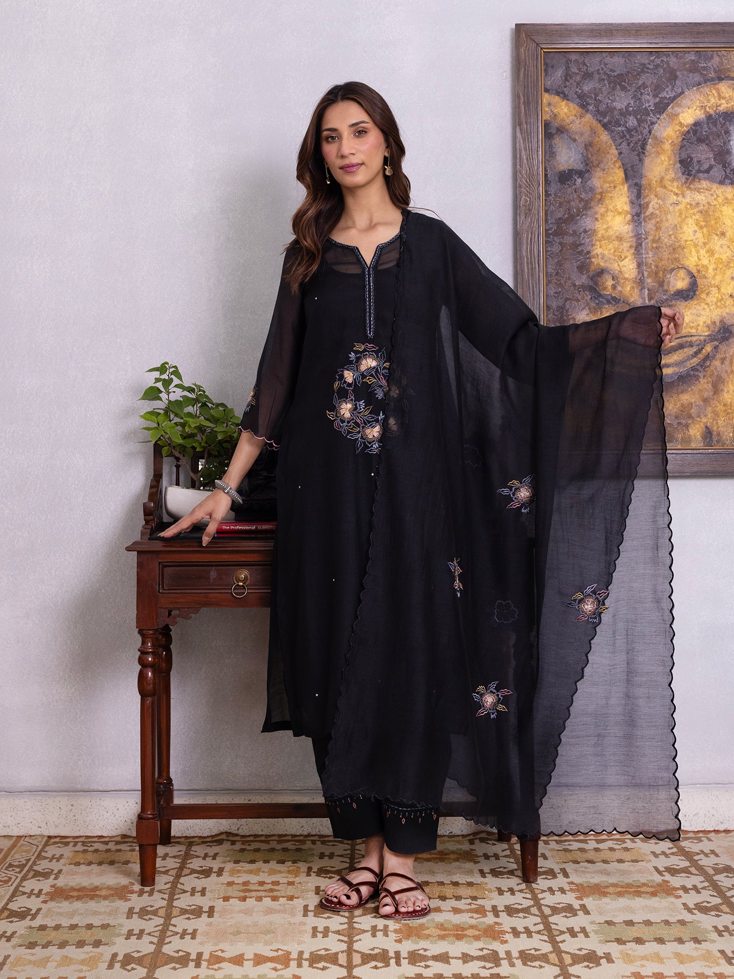 Black mul chanderi gota with thread embroidery kurta set
