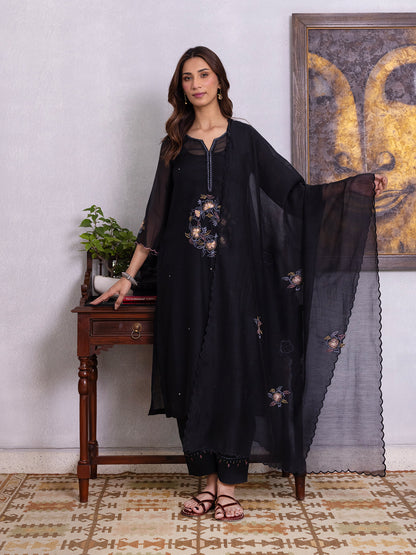 Black mul chanderi gota with thread embroidery kurta set