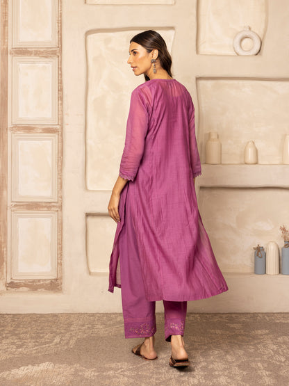 Purple mul chanderi thread with crochet hand embroidery kurta set
