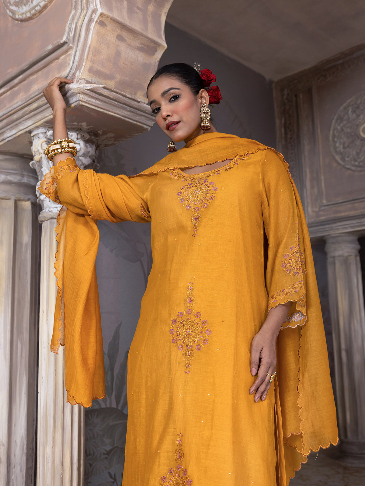 Yellow mul chanderi thread with mirror and sequence embroidery kurta set