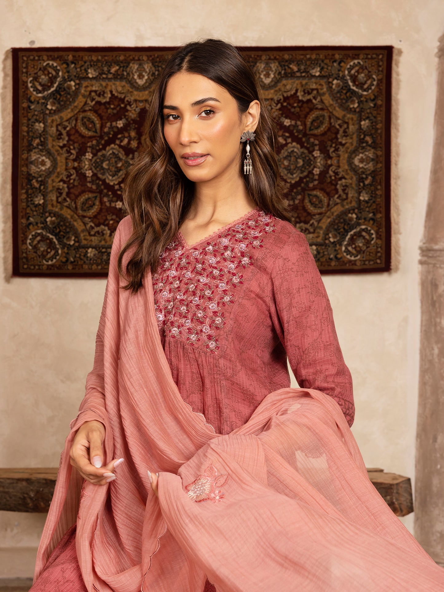 wine hand block print kota cotton with zardozi hand embroidery kurta