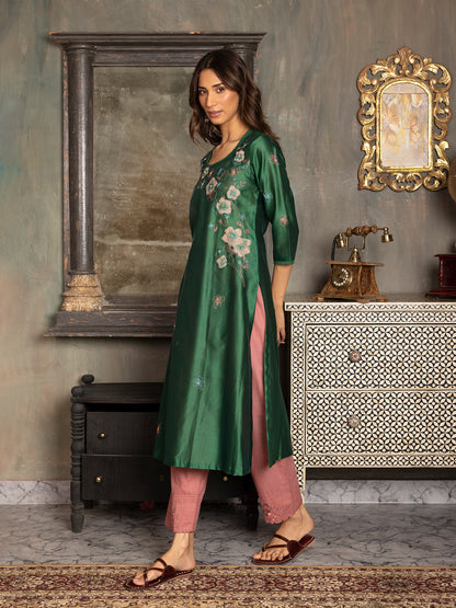 Bottle green silk chanderi thread and fabric cutwork work kurta set