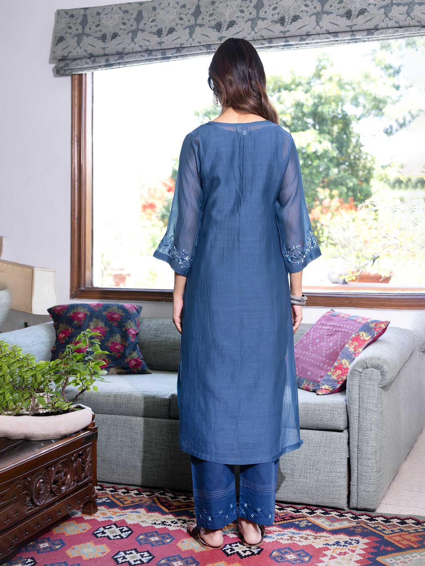 Teal blue mul chanderi  thread with sequence and bead work kurta