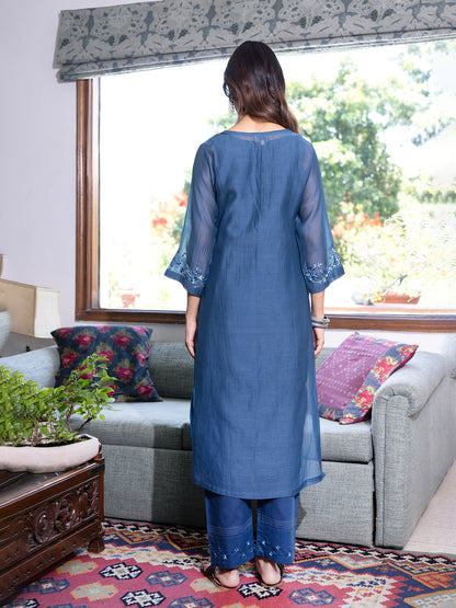 Teal blue mul chanderi  thread with sequence and bead work kurta