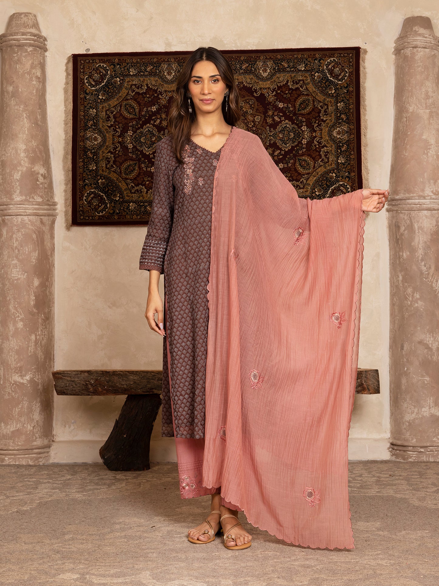 Brown  hand block print kota cotton with zardozi hand embroidery kurta set
