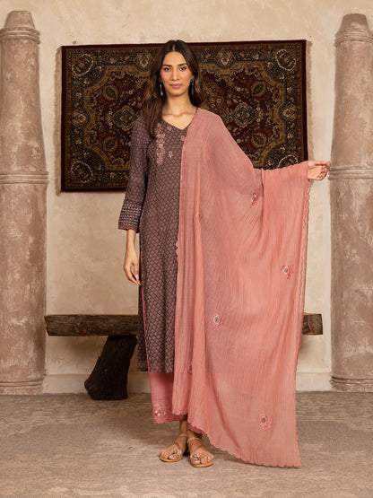 Brown  hand block print kota cotton with zardozi hand embroidery kurta set