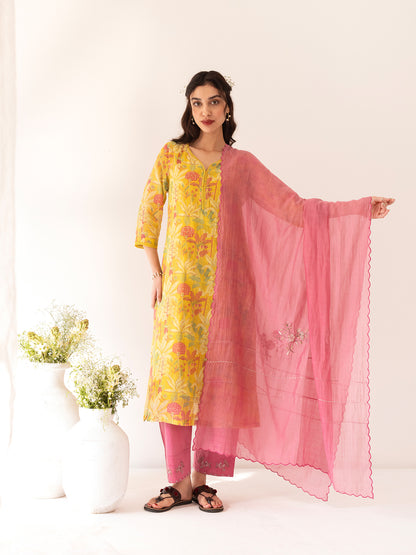 Yellow and pink floral printed mul chanderi beadwork kurta set