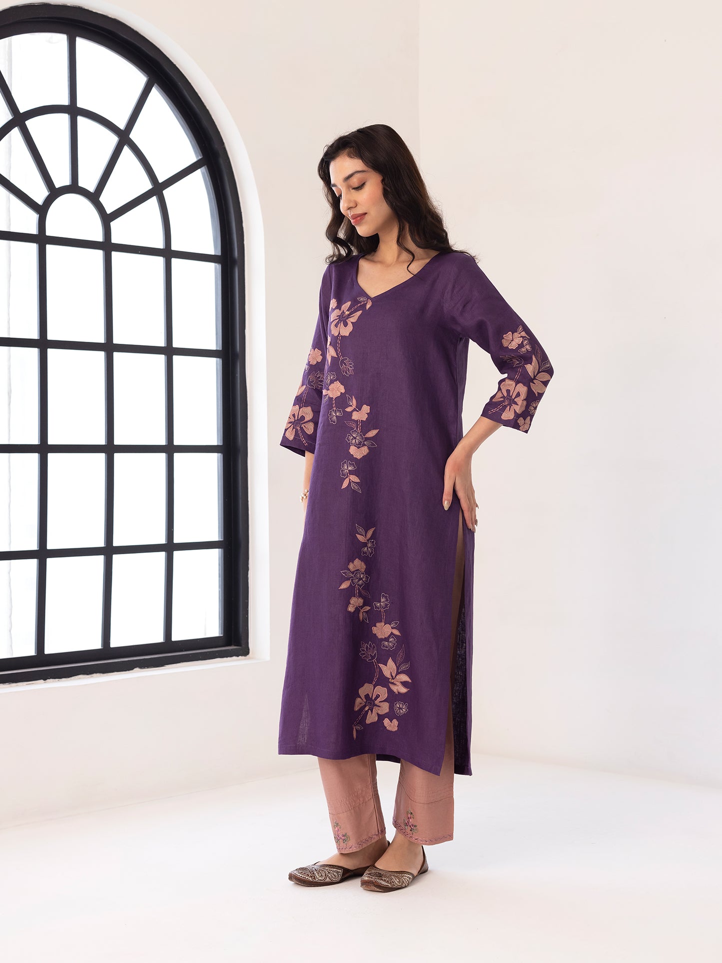 Purple linen thread and fabric cutwork kurta set