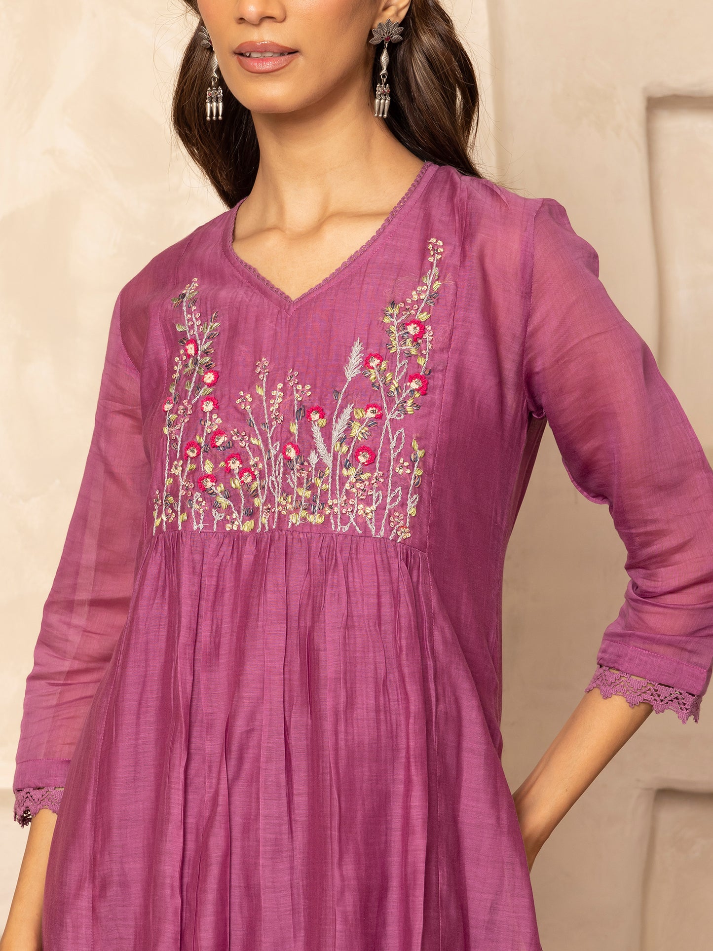 Purple mul chanderi thread with crochet hand embroidery kurta set