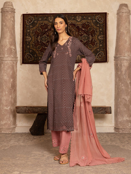 Brown  hand block print kota cotton with zardozi hand embroidery kurta set