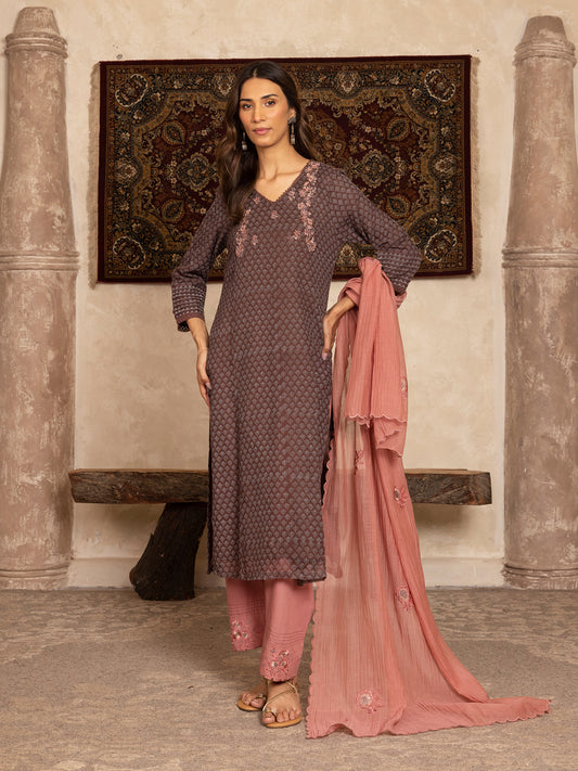 Brown  hand block print kota cotton with zardozi hand embroidery kurta set