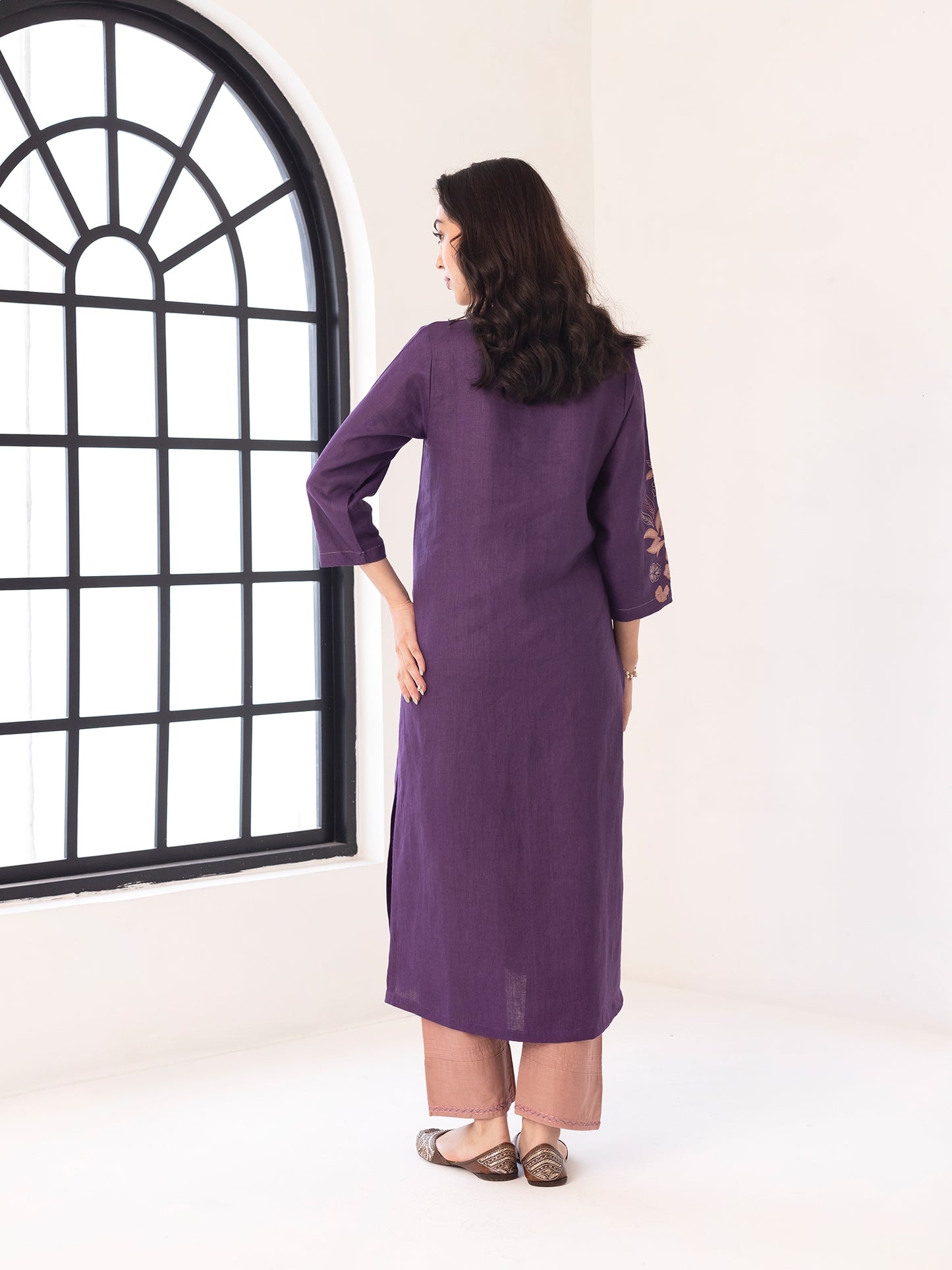 Purple linen thread and fabric cutwork kurta set