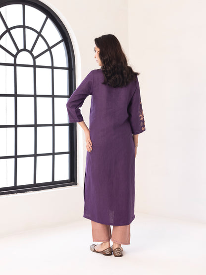 Purple linen thread and fabric cutwork kurta set