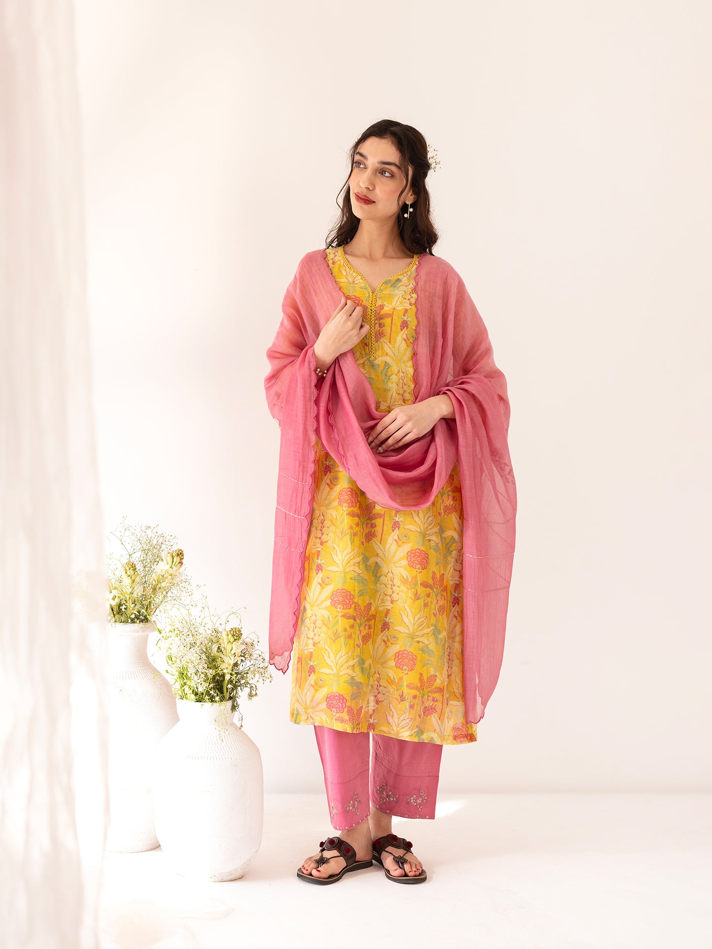 Yellow and pink floral printed mul chanderi beadwork kurta set