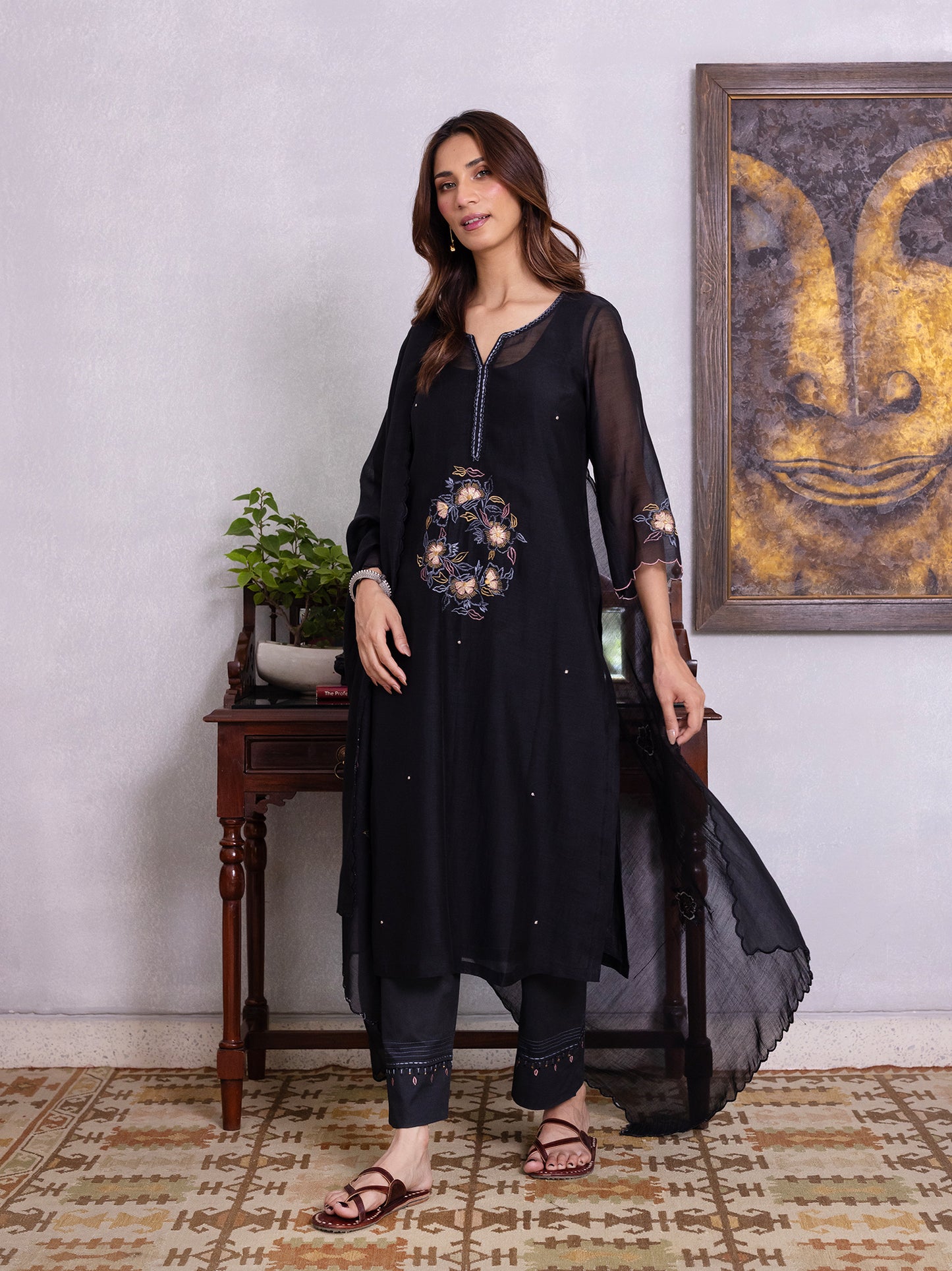 Black mul chanderi gota with thread embroidery kurta set