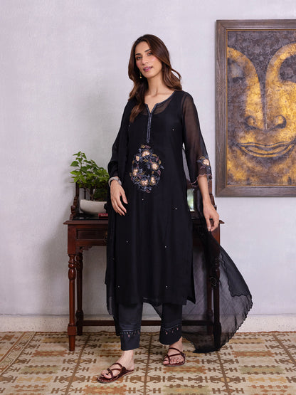 Black mul chanderi gota with thread embroidery kurta set