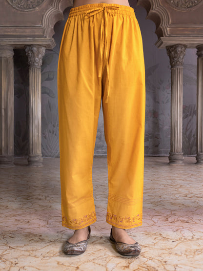 Yellow Cotton Pant  with thread and mirror work